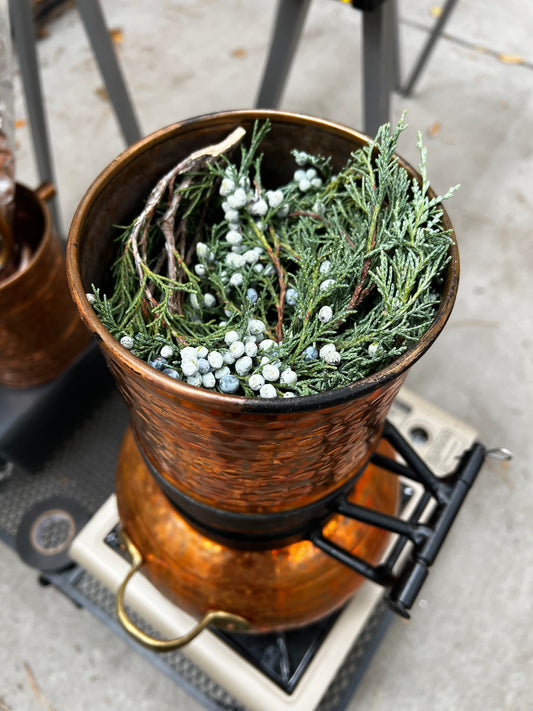 Fresh harvested juniper in a copper still