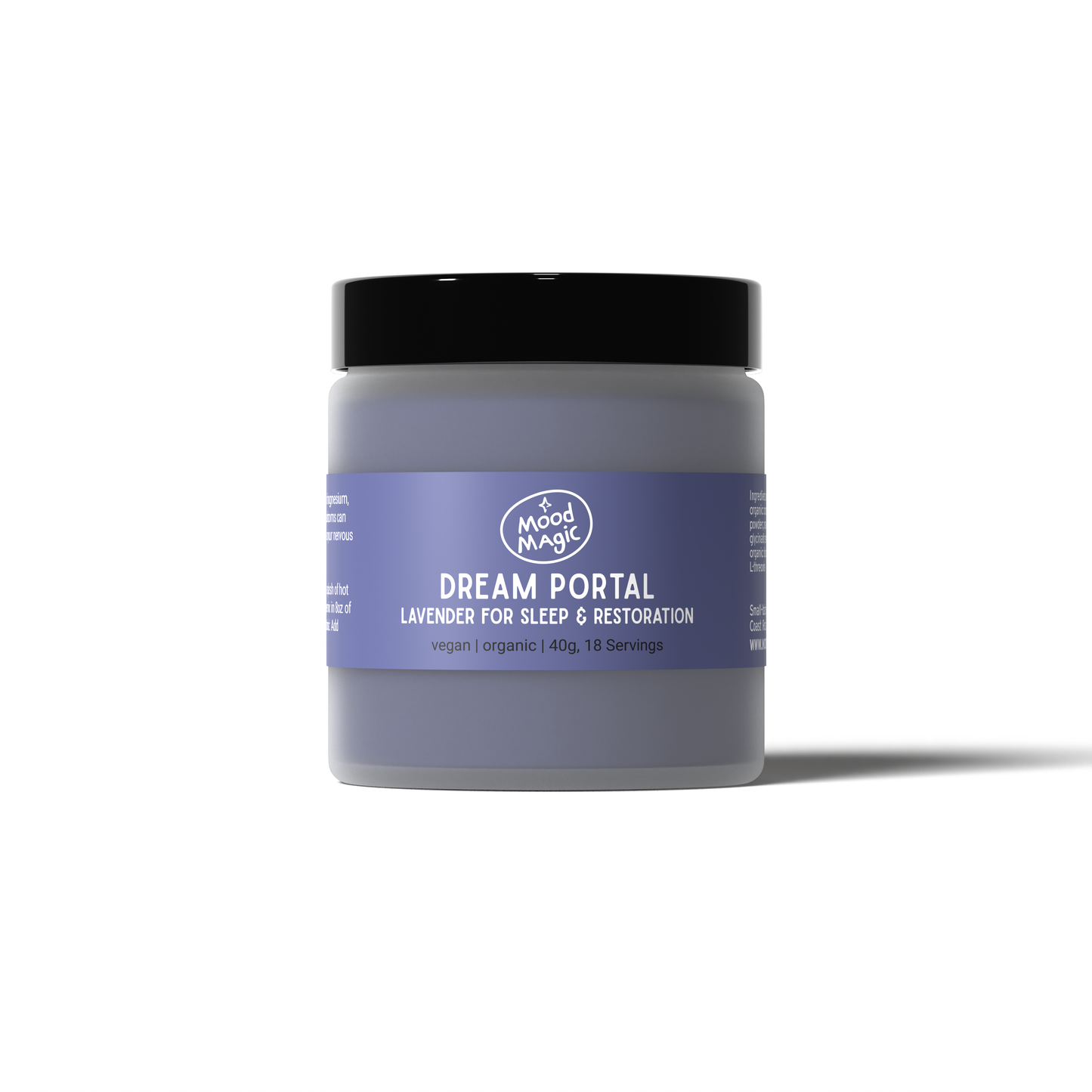 Jar of 'Dream Portal' lavender product with a purple label on a white background