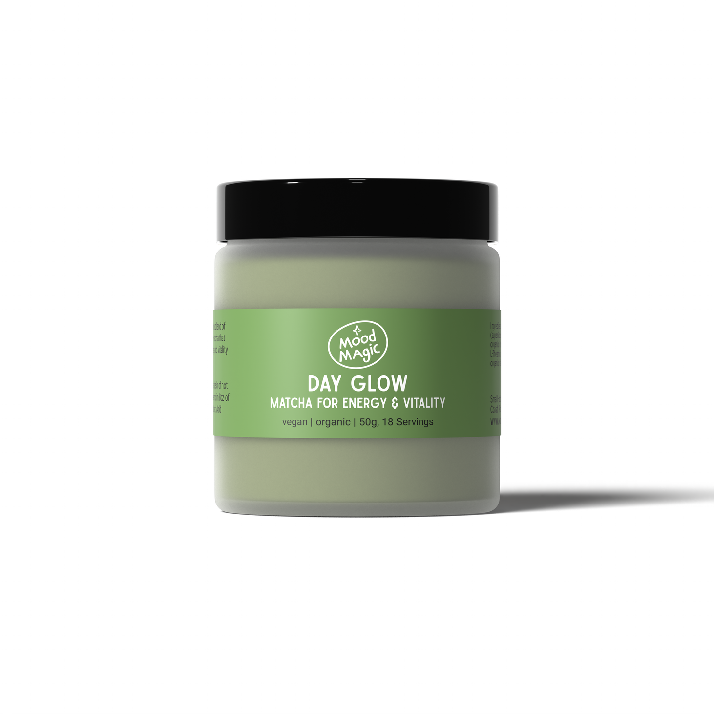 Jar of Matcha Magic Day Glow with a green label on a white background