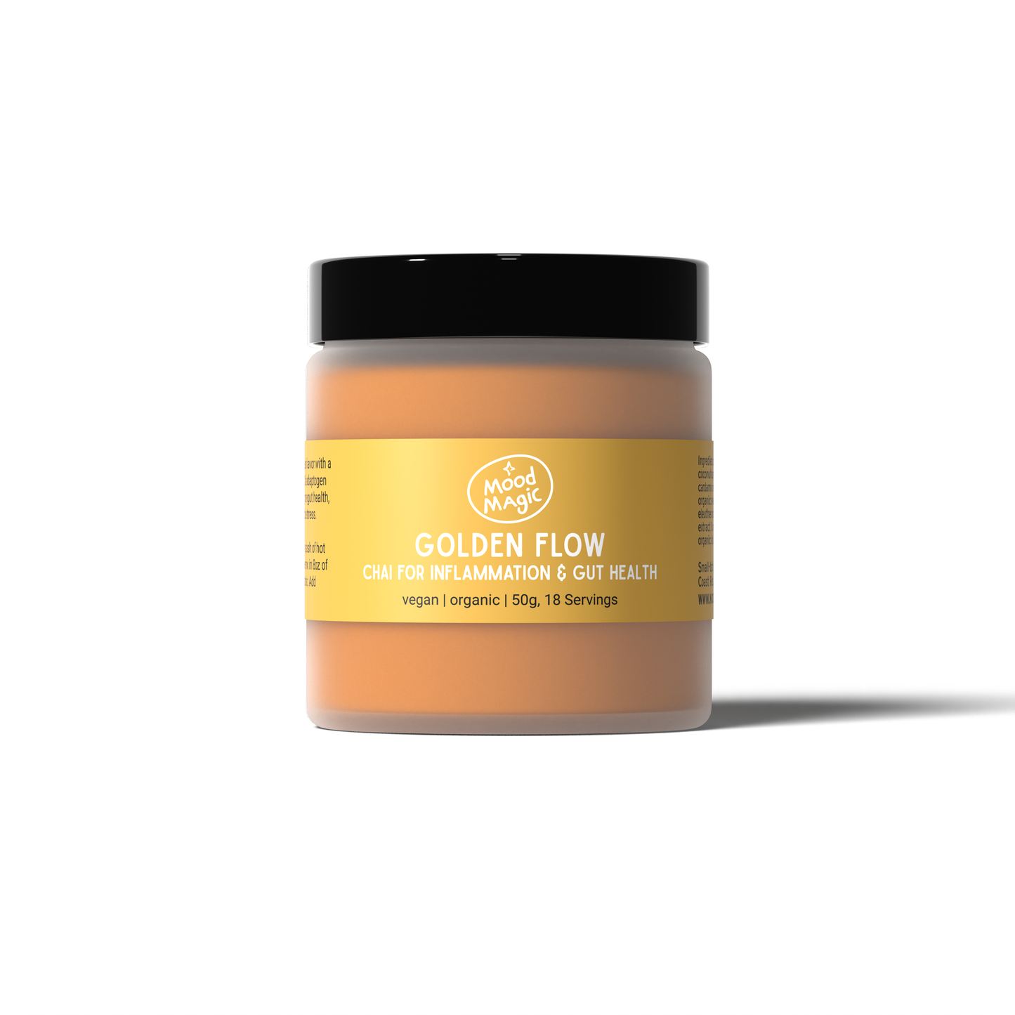 a glass jar filled with Golden Flow adaptogenic chai for inflammation and gut health by Mood Magic on a white background.
