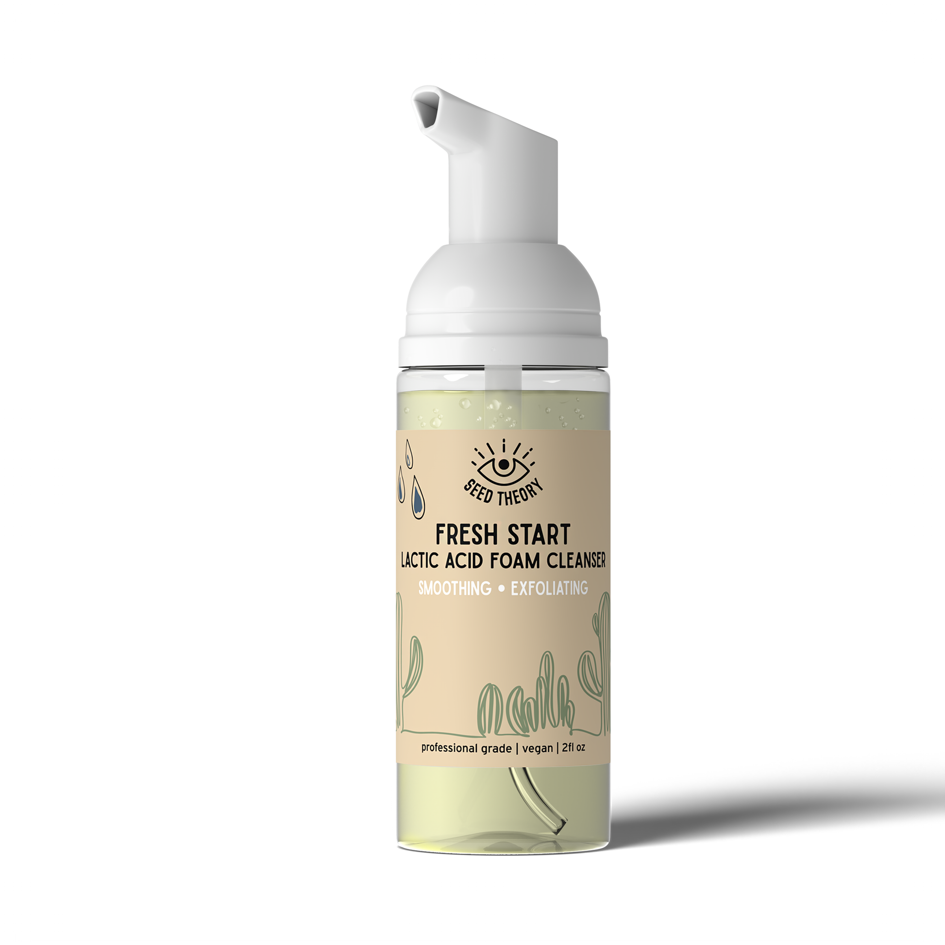Seed Theory Foam cleanser bottle with beige label on a white background