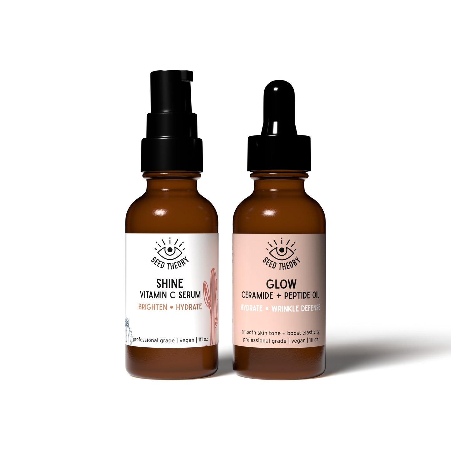 Two skincare bottles labeled 'Shine' and 'Glow' on a white background