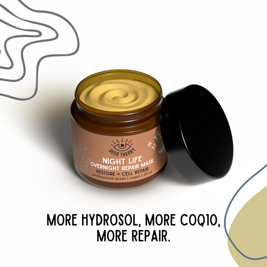 Jar of 'Night Life' overnight repair mask with text on a white background