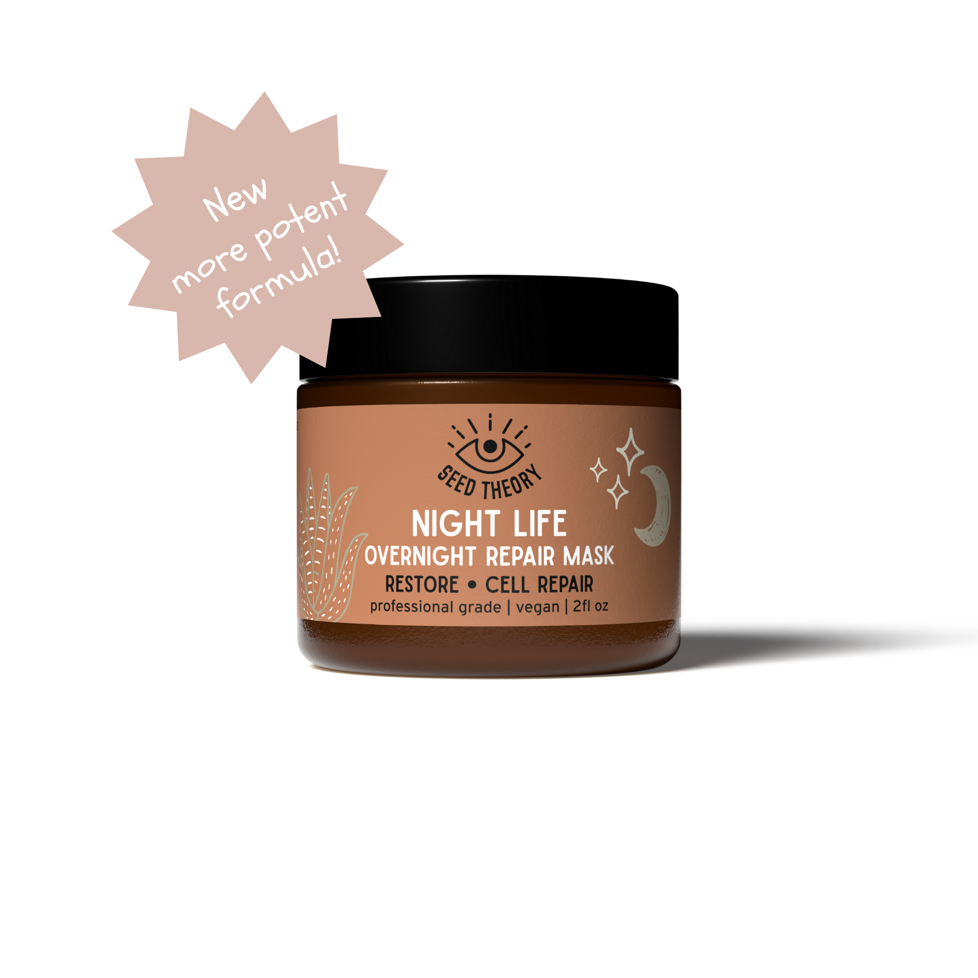 Jar of 'Night Life Overnight Repair Mask' with 'Seed Theory' branding on a white background.