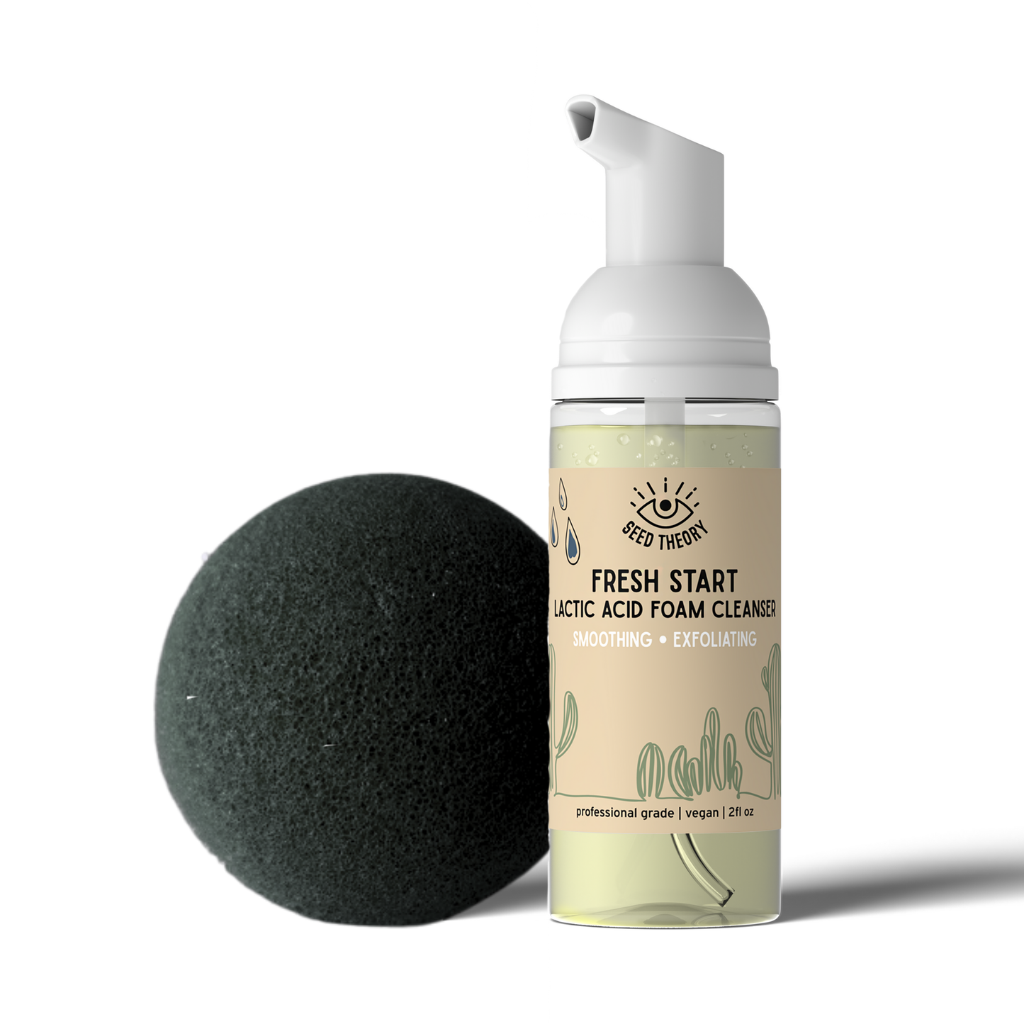 Foam cleanser bottle with a black konjac sponge on a white background