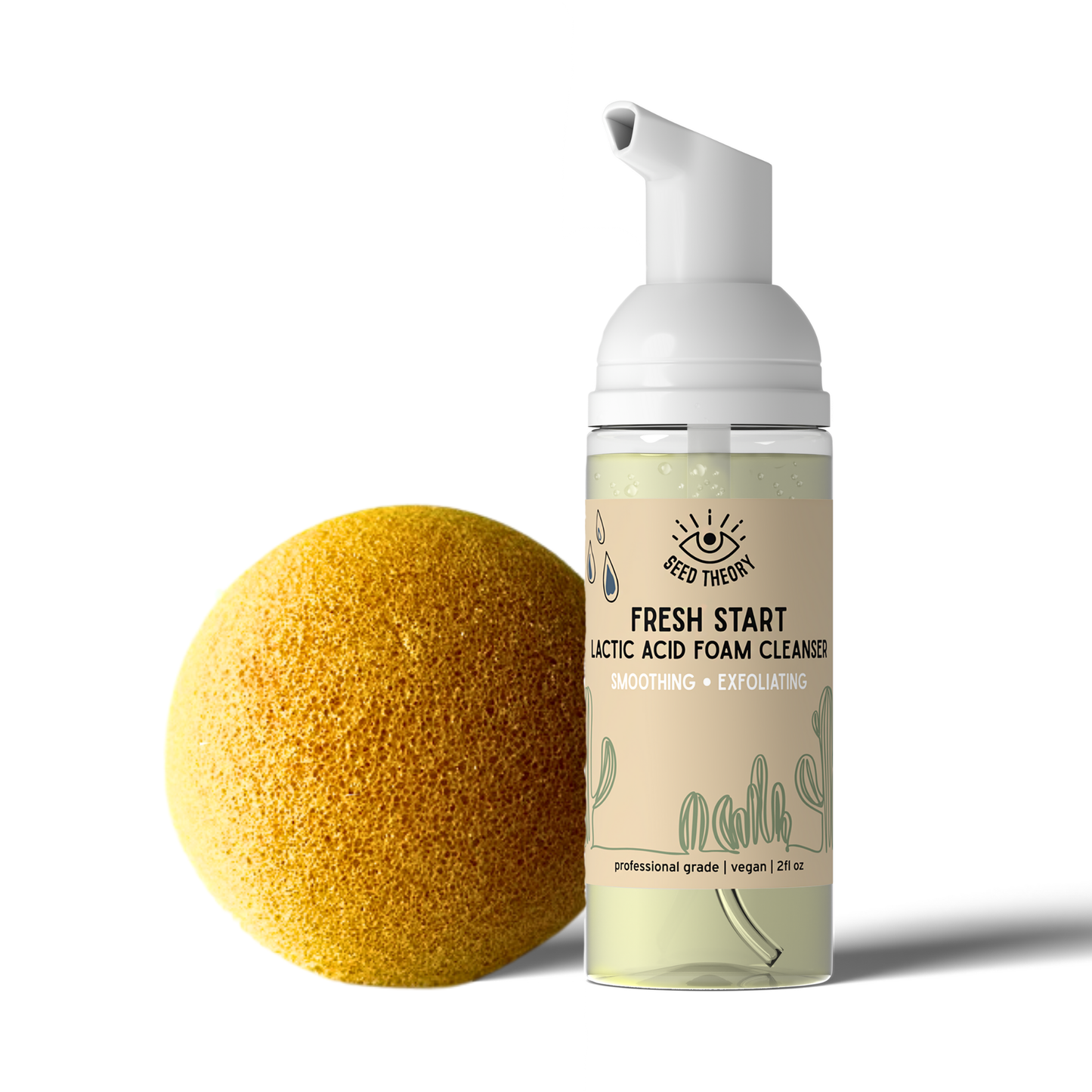 Foam cleanser bottle and yellow konjac sponge on a white background